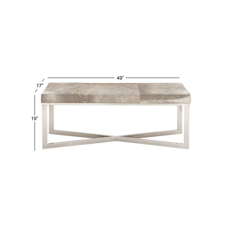 Gray Leather Handmade Cowhide Bench with Silver Metal Base