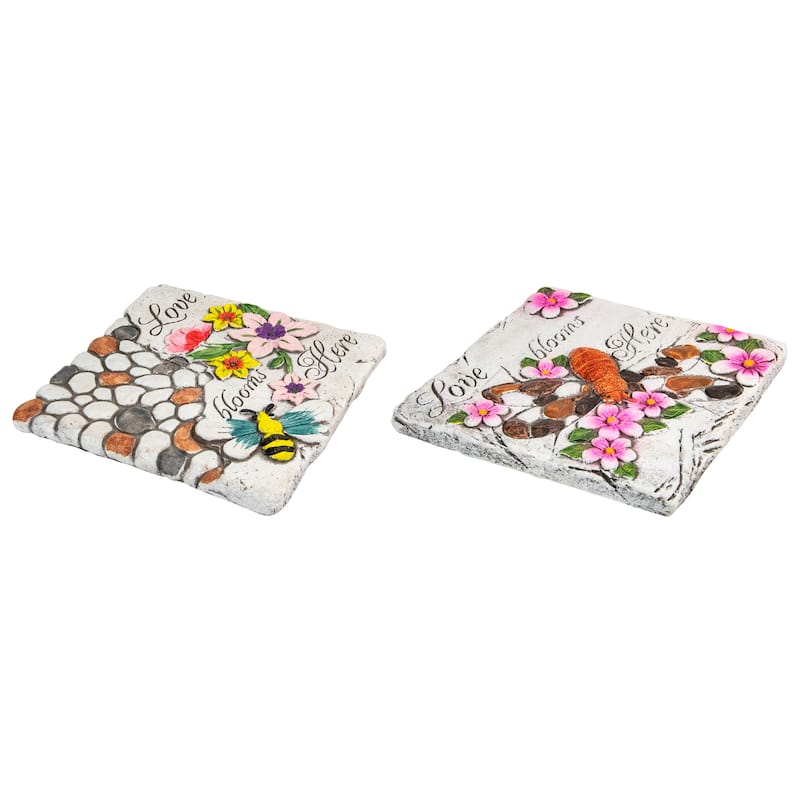 Set of 2 'Love Blooms Here' Floral Outdoor Garden Stones 7"