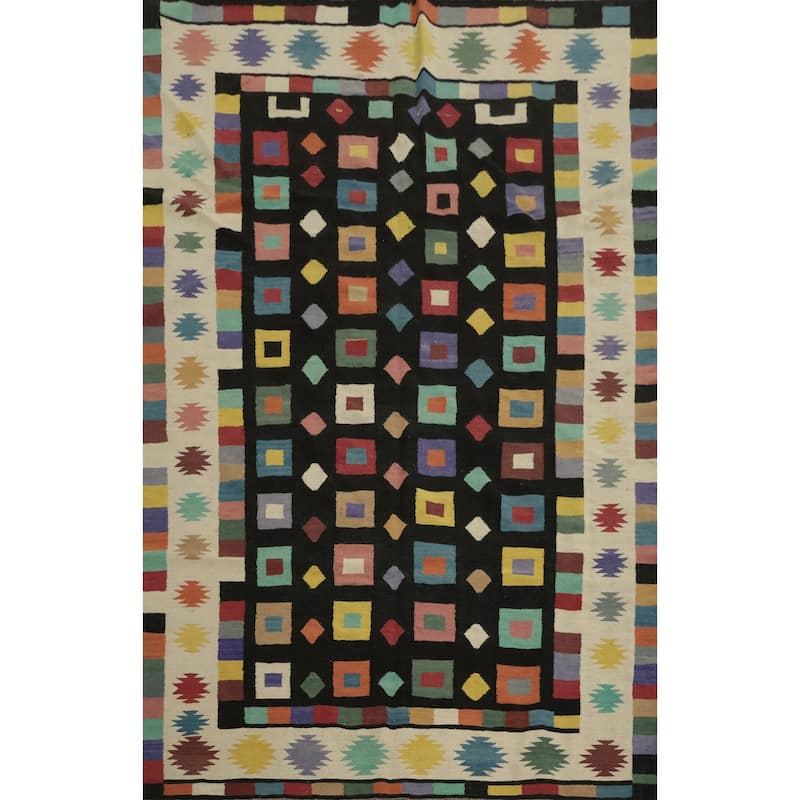 Hand Woven Oriental 100% Wool Carpet Southwestern Tribal Black Kilim Area Rug - 9' 0'' X 6' 2''