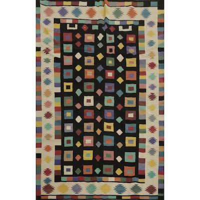 Hand Woven Oriental 100% Wool Carpet Southwestern Tribal Black Kilim Area Rug - 9' 0'' X 6' 2''