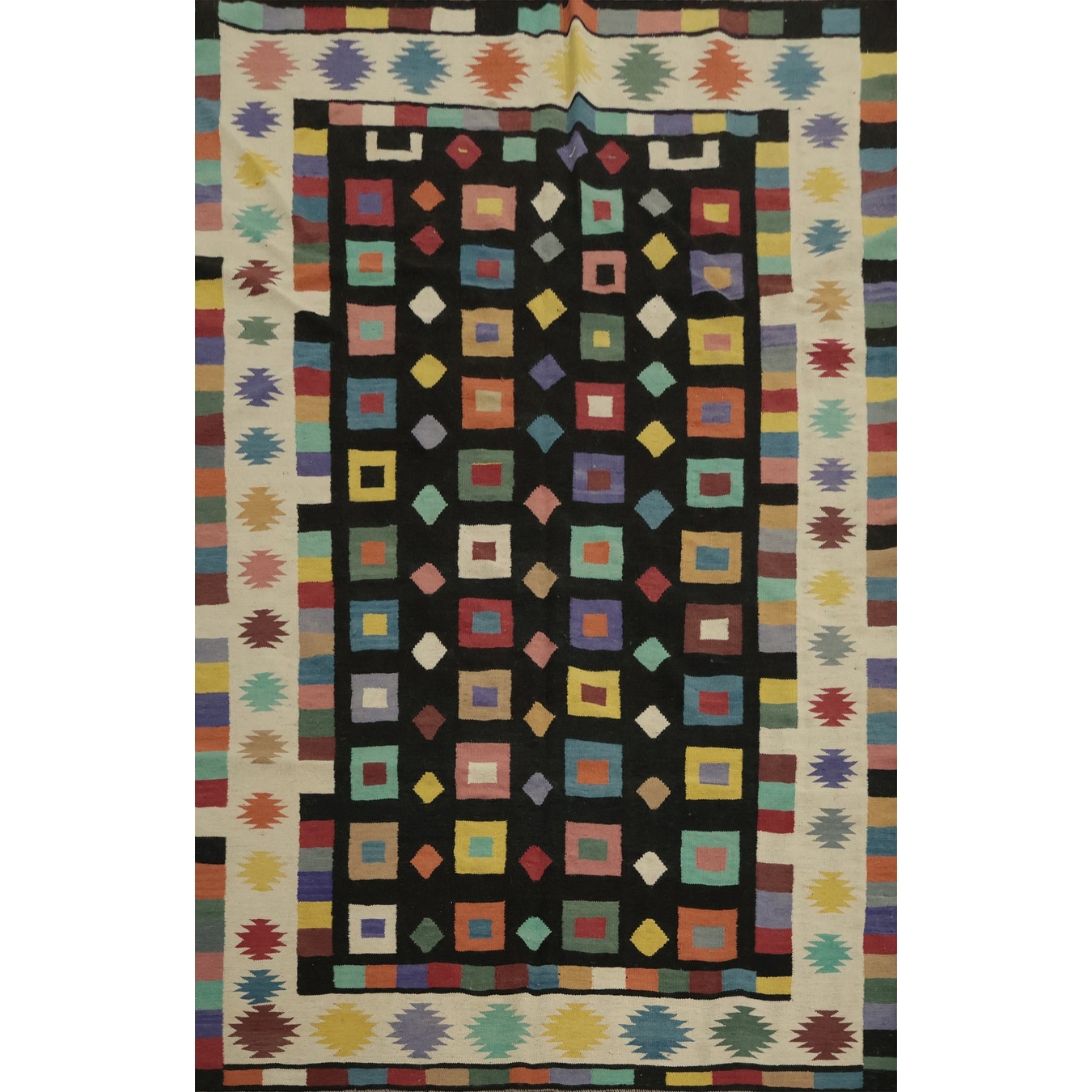 Hand Woven Oriental 100% Wool Carpet Southwestern Tribal Black Kilim Area Rug - 9' 0'' X 6' 2''