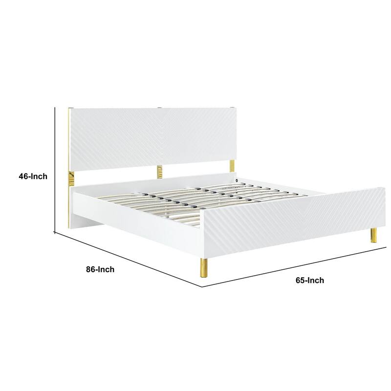 Tyra Modern Queen Bed, Panel Headboard, Luxury Textured Chevron, White Gold