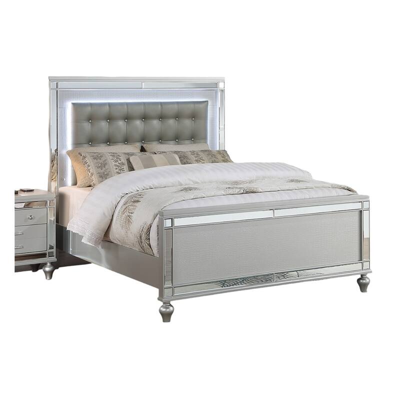 Beautiful Silver Tufted Faux Leather Queen Size Bed w LED Lights 1pc Panel Bedframe Bedroom - Silver