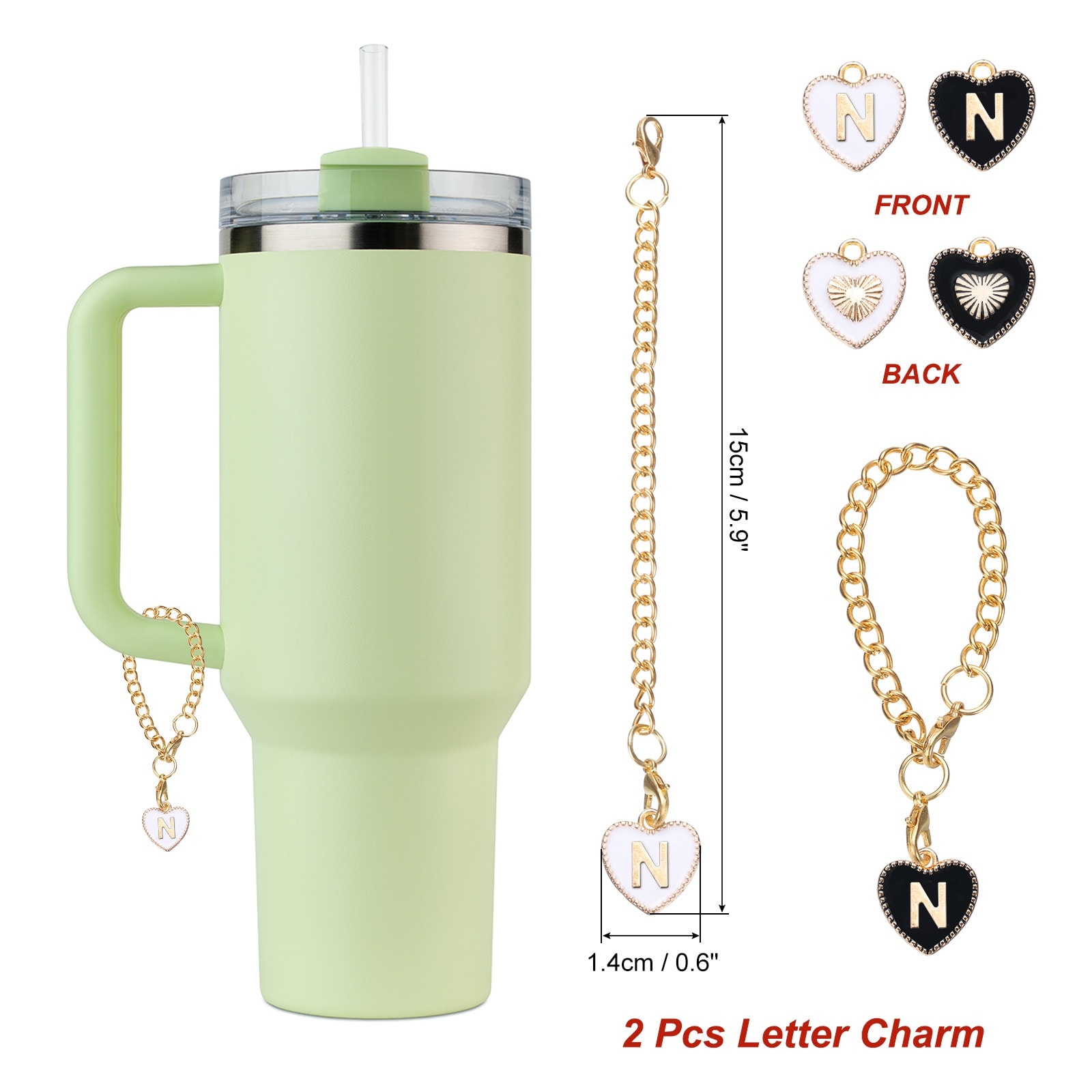 Heart Letter Charm Accessories with Straw Cover Cap Capital Letter and Silicone Leak Stopper for Tumbler Cup Name ID
