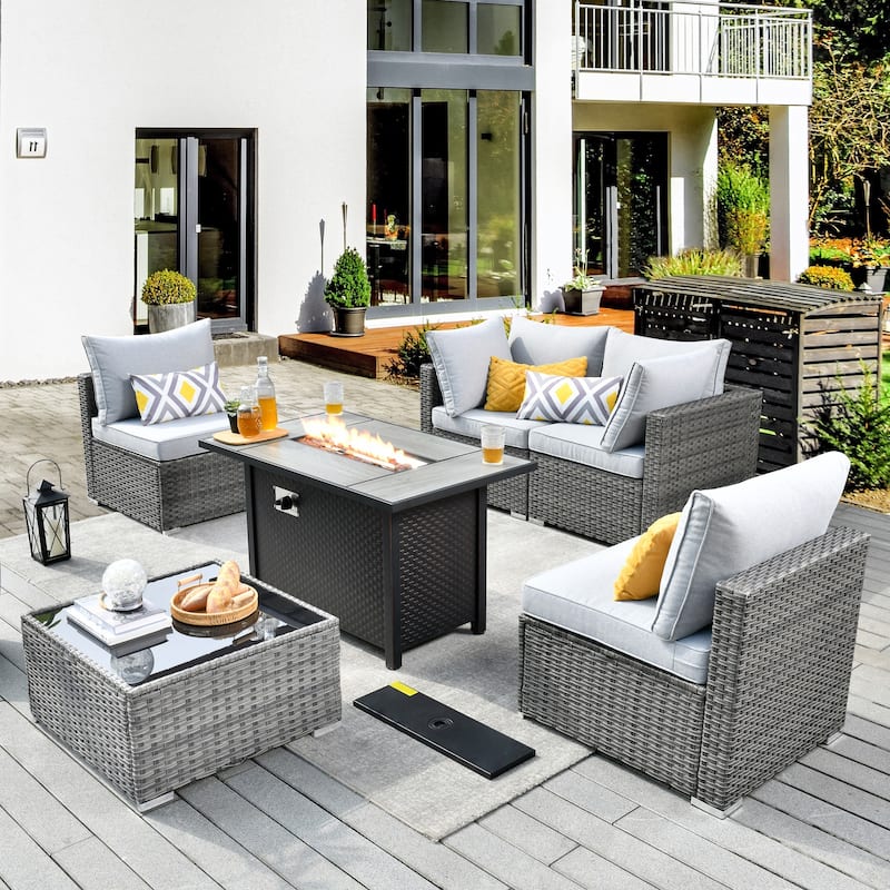 XIZZI 6-piece Patio Furniture Set Outdoor Sectional Rattan Sofa with Firepit - Grey