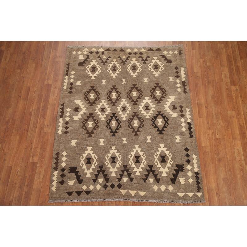 Hand Woven Oriental 100% Wool Carpet Southwestern Geometric Brown Kilim Area Rug - 6' 5'' X 5' 1''