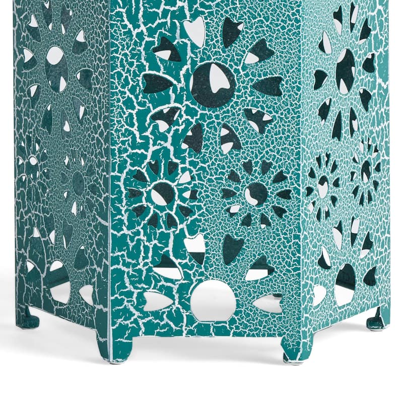 Liana Outdoor Side Table, Hexagonal 14 Inch, Sunburst Cut Out, Teal