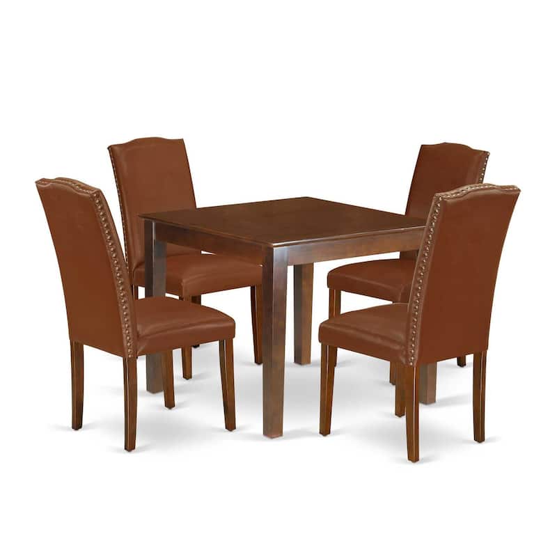 Square Dining Set 5Pc Table & Chairs - Seaside Style Brown Faux Leather Mahogany Legs 36 Inch