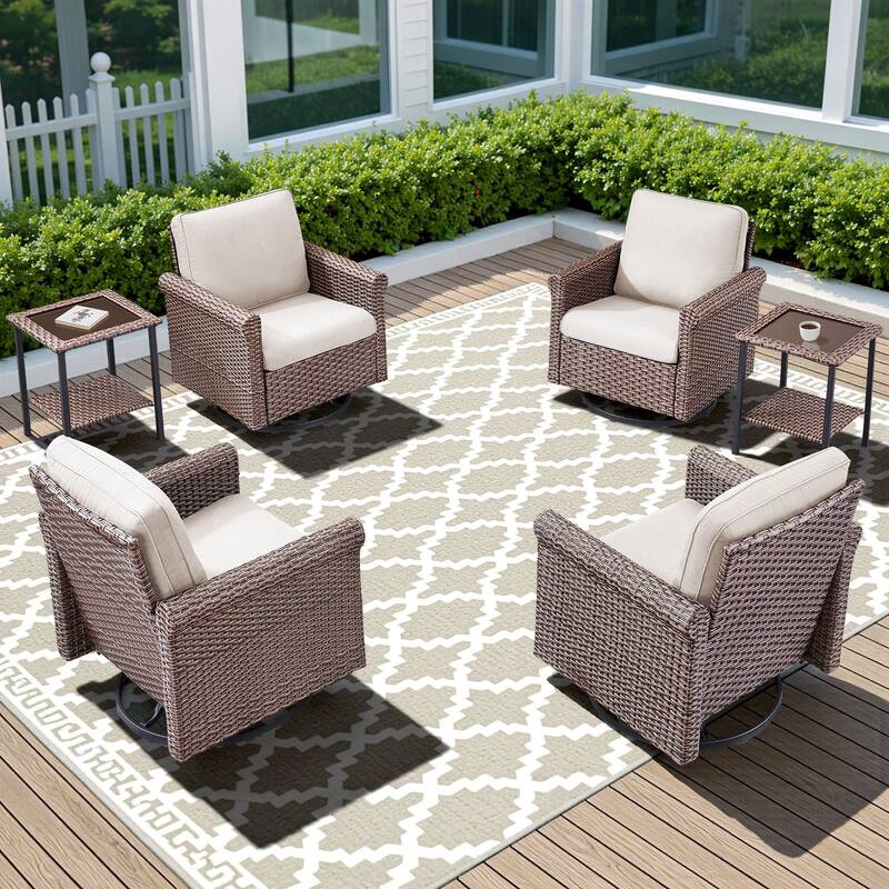 Pocassy Outdoor Sofa with Swivel Chairs Funiture Set - 6PCS Swivel Chairs w/ Table - Brown Wicker Blue Cushion