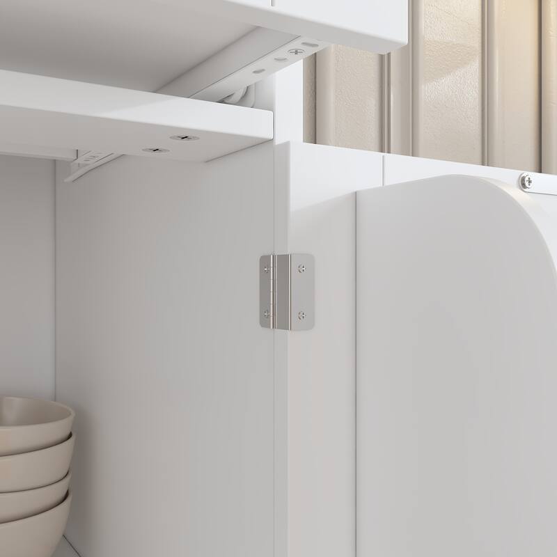 White Buffet Cabinet with 3 Drawers and 4 Doors, Glass Center Doors Sideboard