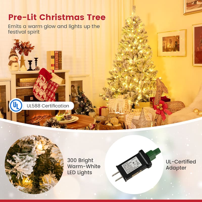 Gymax 6/7/8 FT Pre-Lit Snow-Flocked Xmas Tree 3-Minute-Setup