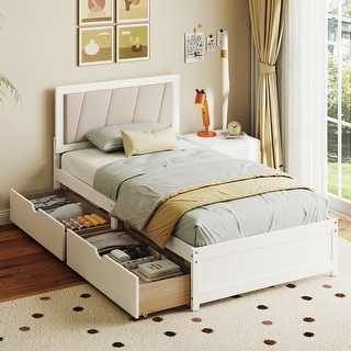 Wood Platform Bed Frame with 2 Storage Drawers and Padded Headboard