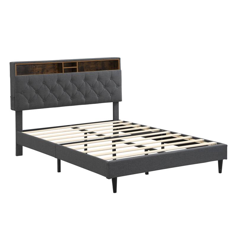 Queen Size Linen Upholstered Platform Bed with Button-Tufted Headboard, USB Charging Station and Side Pockets