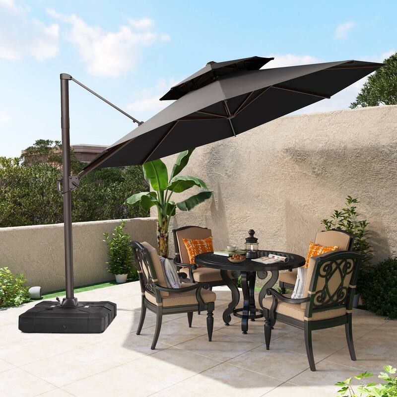 Pellebant 11FT Patio Cantilever Umbrella Round Double Top with Base Stand - Black