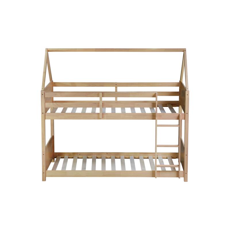 Twin Over Twin House Bunk Bed with Playful Roof Design Safety Guardrails & Ladder (250lb Capacity)