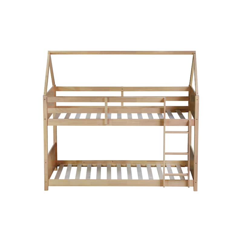 Twin Over Twin House Floor Bunk Bed with Headboards, Footboards, Guardrails, and Ladder in White Oak