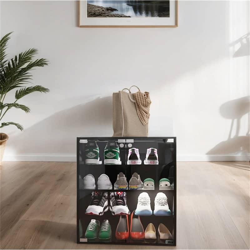 4 Layers Black Shoe Cabinet with Glass Door and Bluetooth LED Light