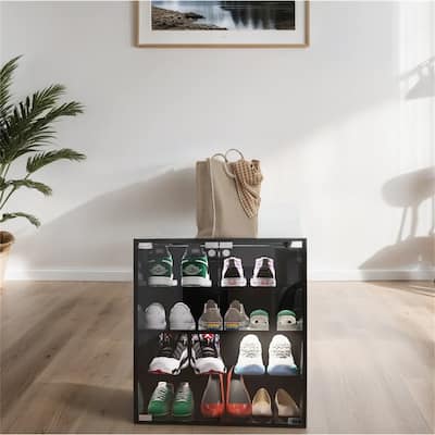 4 Layers Black Shoe Cabinet with Glass Door and Bluetooth LED Light