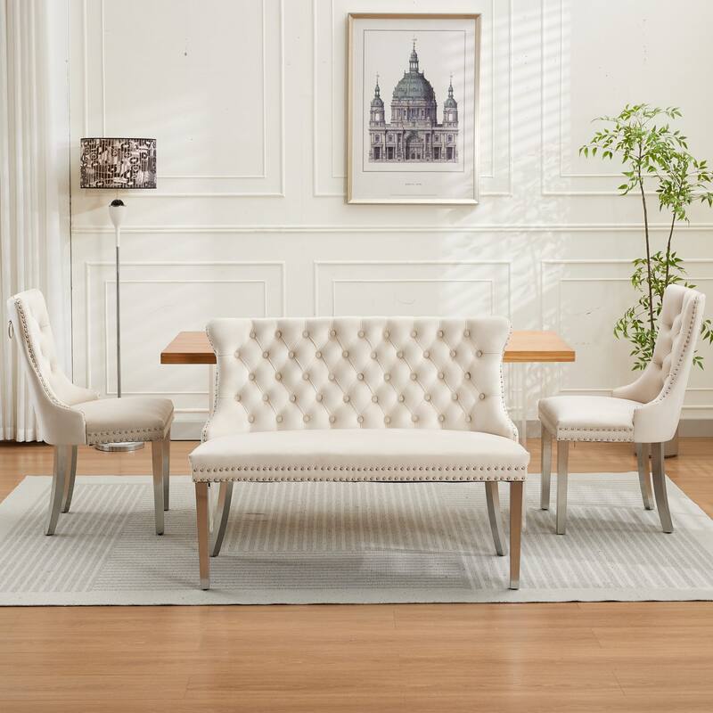 Velvet Double Dining Loveseat Bench, 2-Seat Tufted Bench w/Handmade Buttons, Wing Back, Stainless Steel Legs,Single Pack