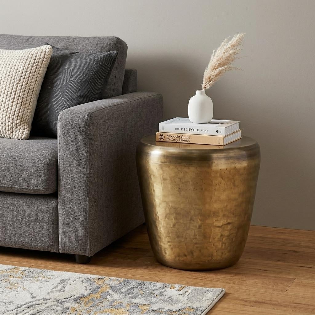 HomeRoots 22" Antique Antiqued Gold Distressed Iron Round Drum End Table - 19.70 in. x 21.70 in. x 19.70 in.