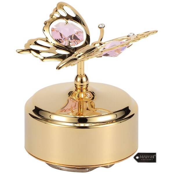 24k Gold Plated Butterfly Music Box Made with Clear Crystals By Matashi 