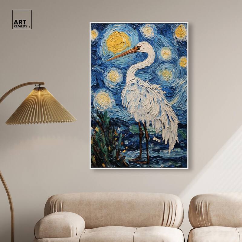 Crane in Starry Night Canvas by Art Remedy