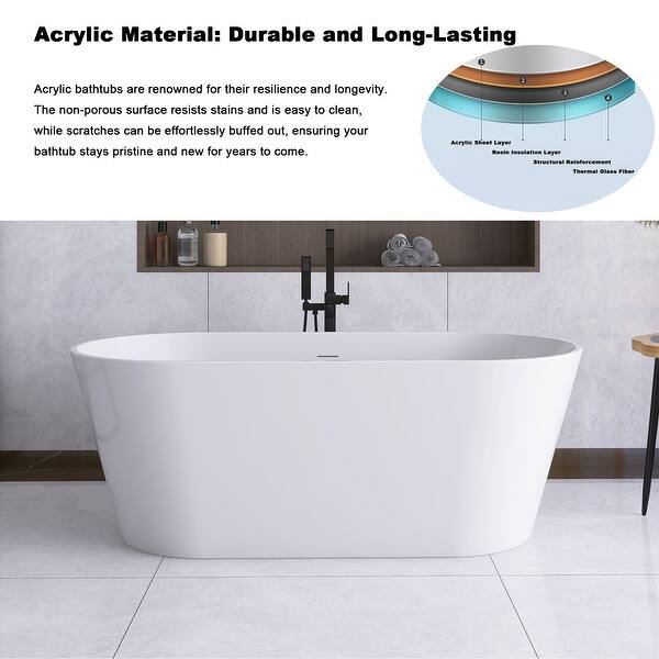 59 in. x 29 in. Acrylic Freestanding Flatbottom Soaking Bathtub in White