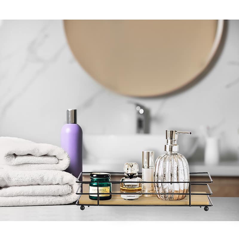 Bathroom Organizer Bamboo Tray Metal Wire
