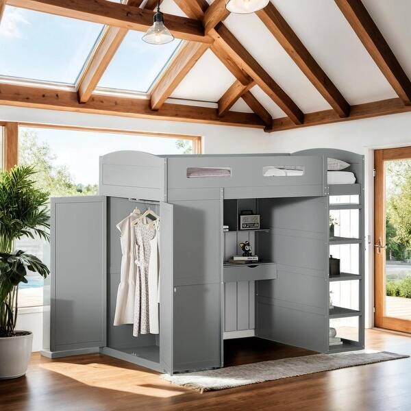 slide 2 of 10, Multi-Functional Design Twin Size Loft Bed with Built-In Desk, Wardrobes, Left-Side Storage, 4 Drawers and 4 Shelves, Grey Grey
