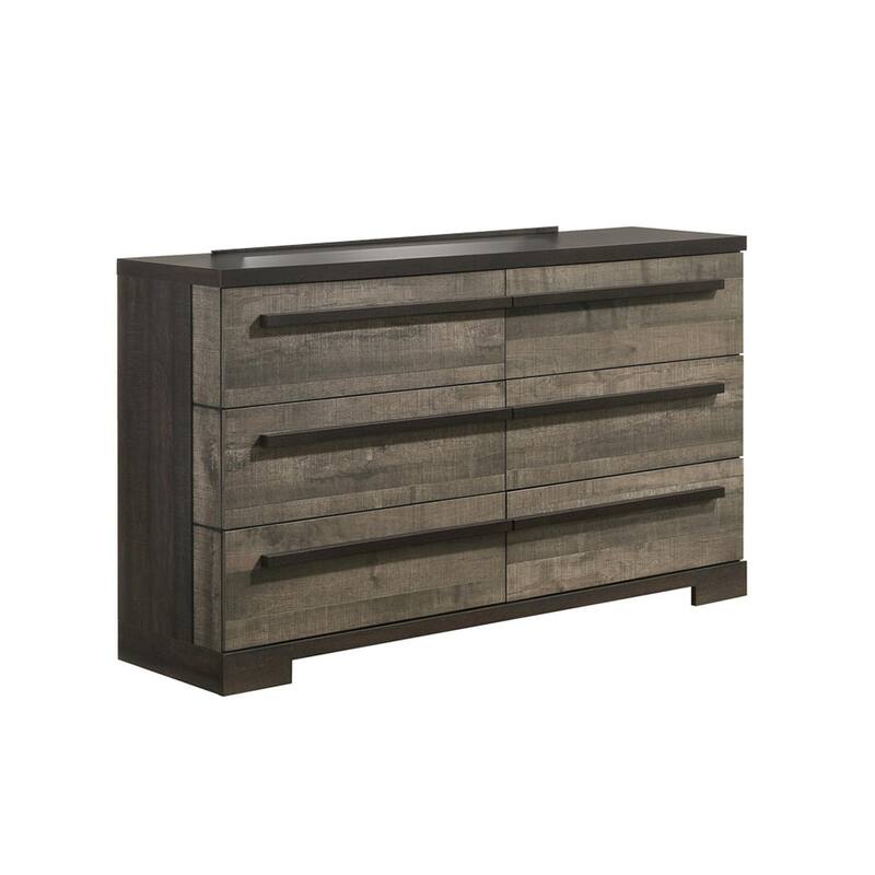 Ruthe Wide Dresser with 6 Drawers, Ebony Black, Gray Wood