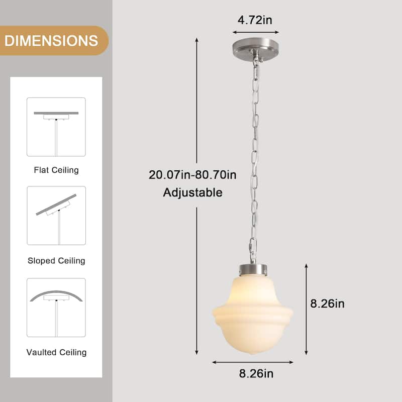 1- Light 8.26'' Wide Dimmable White Milk Glass Pendant