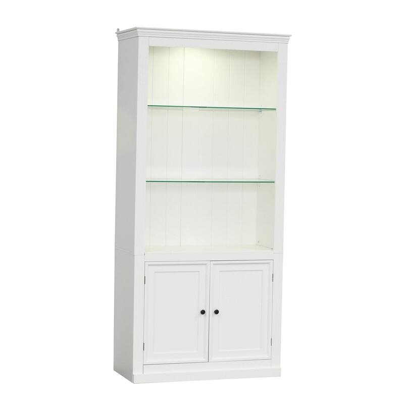 78.75" Farmhouse 4-Tier Display Bookcase with Dimmable LED Light, Glass Shelves & Storage Doors