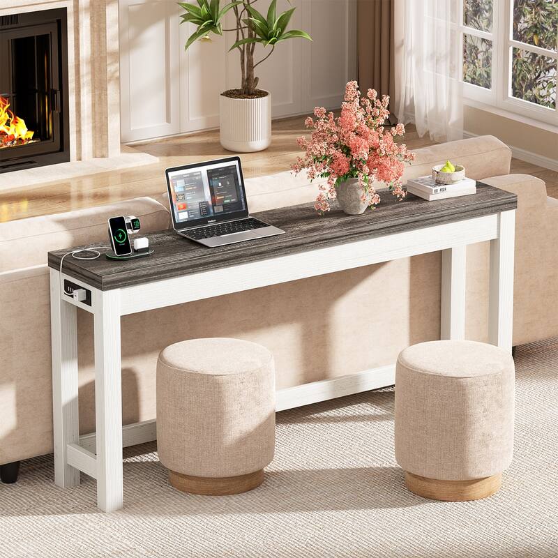 63-In Console Table with Charging Station, Farmhouse Entryway Table/ Behind Couch Table