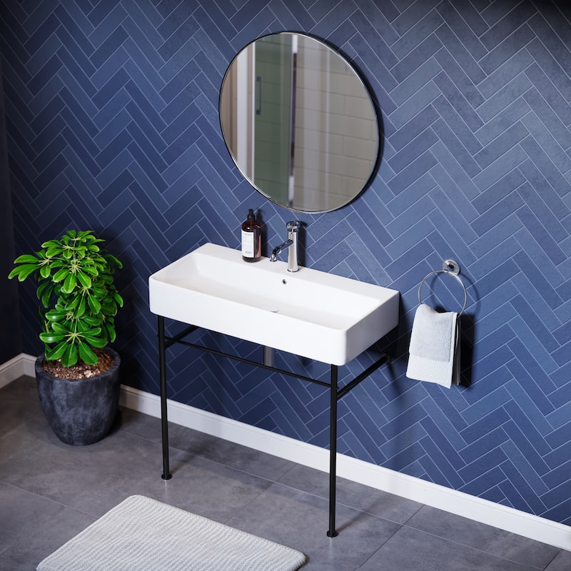 Carre Ceramic Console Sink White Basin Black Legs