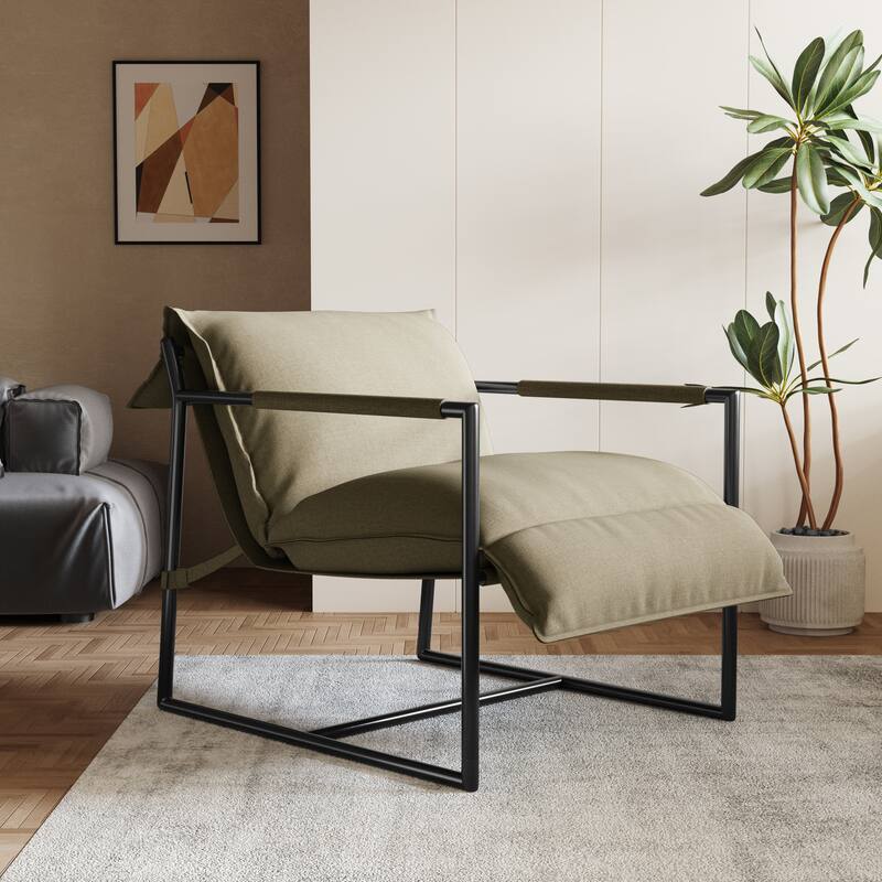 Mid-century Metal Sling Upholstered Armchair with Lengthen Upholstered