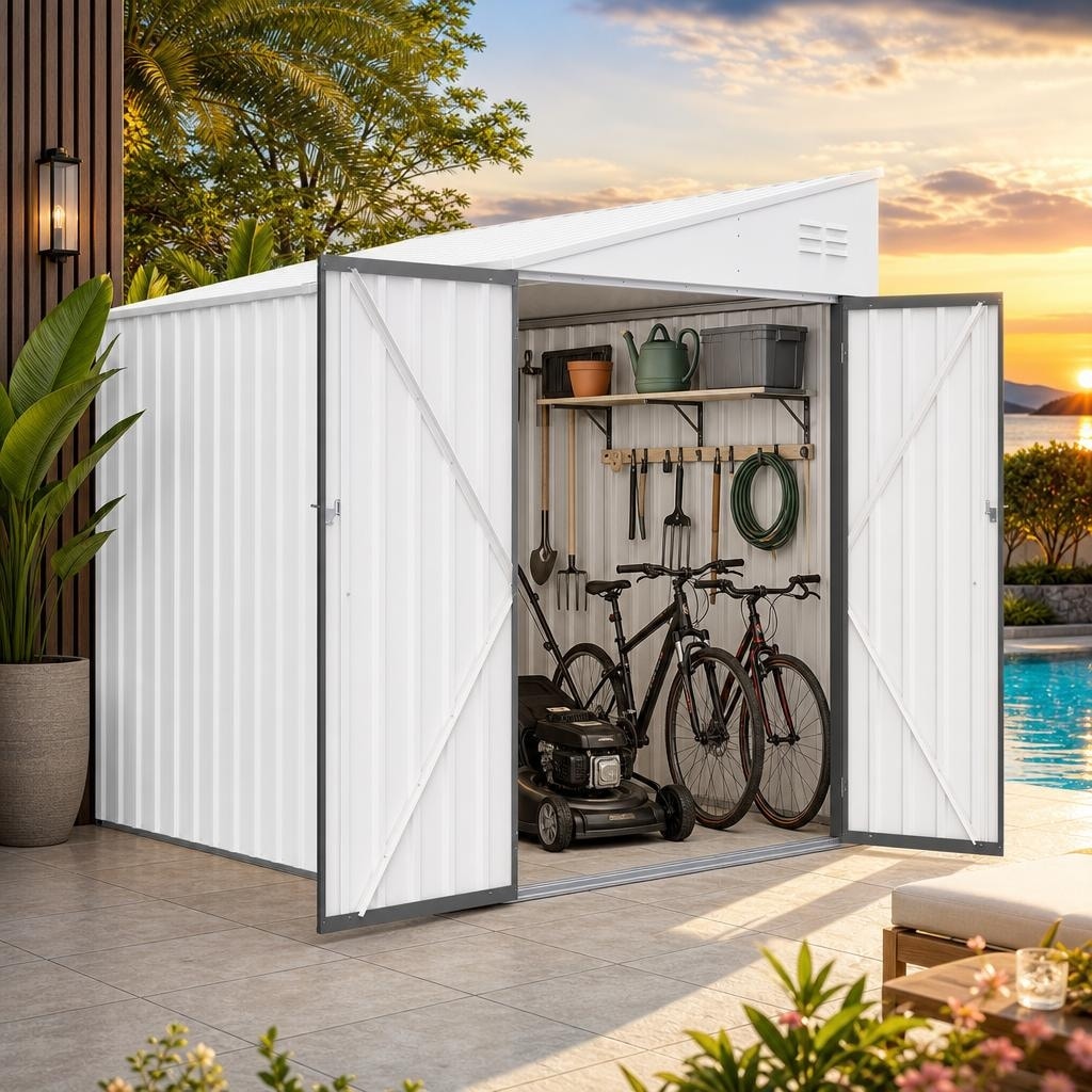 4 x 7 FT Lean-To Metal Storage Shed with Lockable Door, Galvanized Steel Garden Tool and Bike Shed