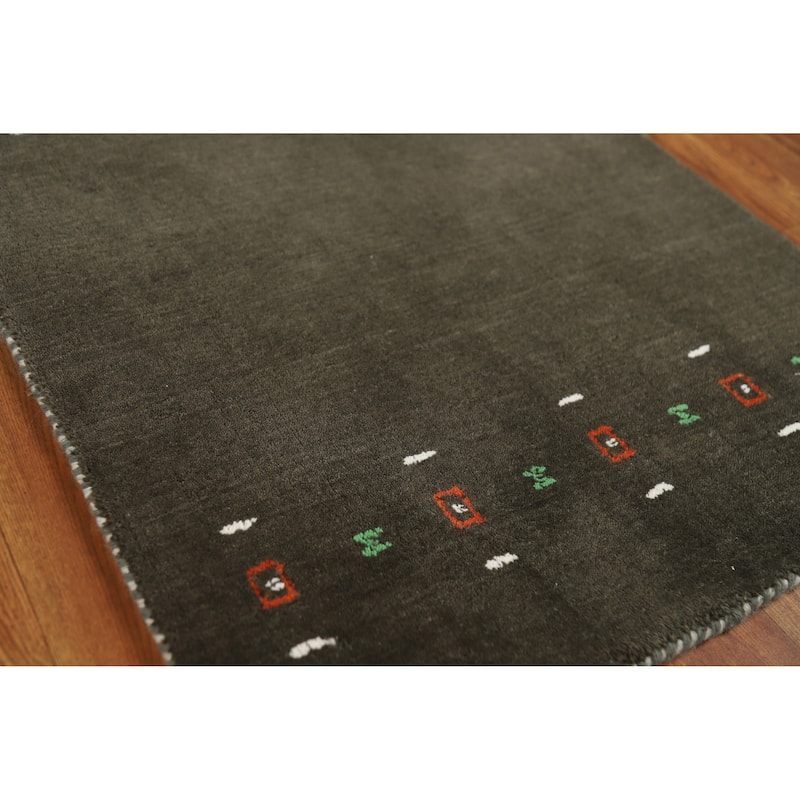 Little Animals Green Gabbeh Indian Runner Rug Hand-Knotted Wool Carpet - 2'4" x 9'2" - 2'4" x 9'2" - Green