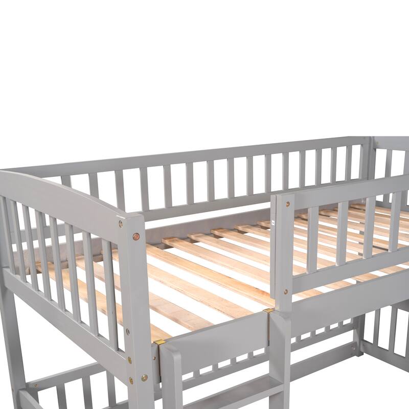 Twin-Over-Twin Bunk Bed with Slide Ladder & Slide, Solid Wood Low Bunkbed Frame w/Guardrail for Kids Teens, No Box Spring Needed
