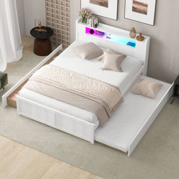 slide 2 of 26, Queen Size Wood Storage Platform Kids Bed Frame with LED Headboard, Twin Size Trundle, and 2-Drawers, Easy to Assemble, White White