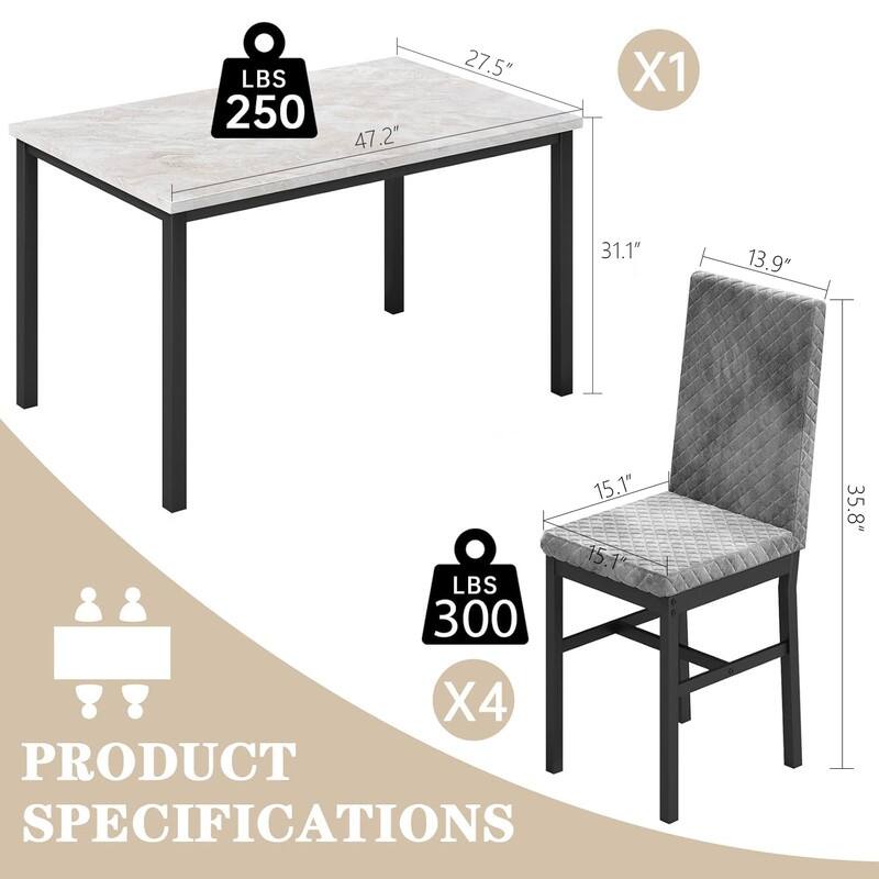 Grondin 5-Piece Dining Room Table Set with Faux Marble Table Top and Diamond Stitching Velvet Upholstery Dining Chairs