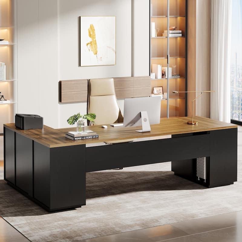 85.8" L-Shaped Executive Desk, Extra Large Office Desk with Drawers - Brown Black