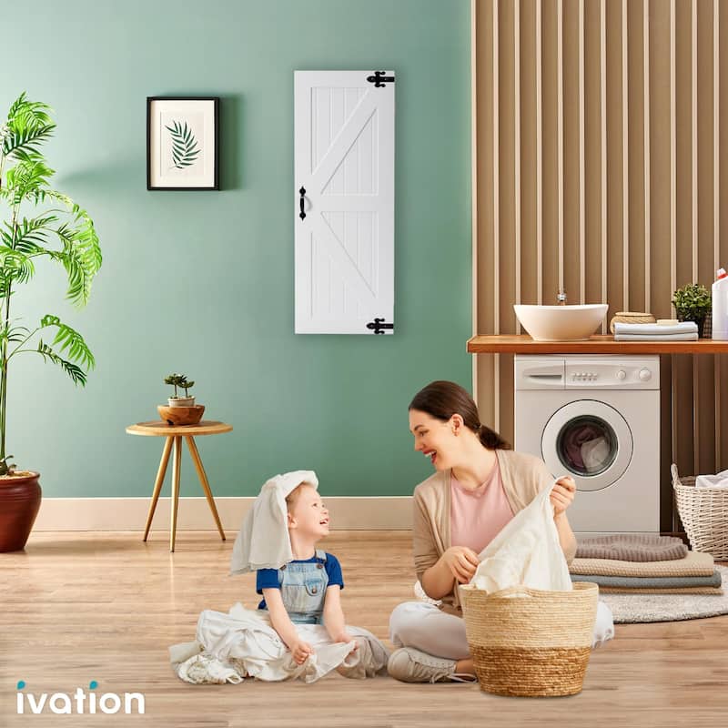 Ivation Wall-Mounted Ironing Board Cabinet w/ Farmhouse Door, Foldable Ironing Storage Station w/ Mirror Door, White