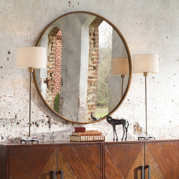 slide 2 of 4, Uttermost Junius 43" Large Round Antique Transitional Wall Mirror Antiqued Gold