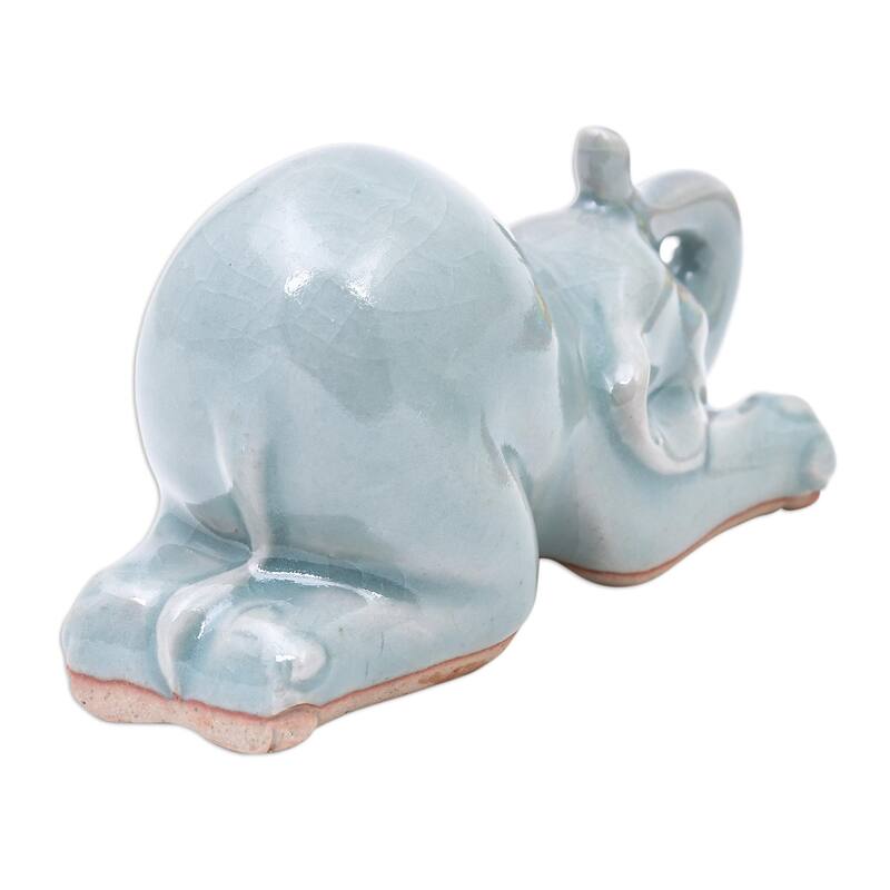 NOVICA Handmade Elephant Puppy Pose Celadon Ceramic Figurine