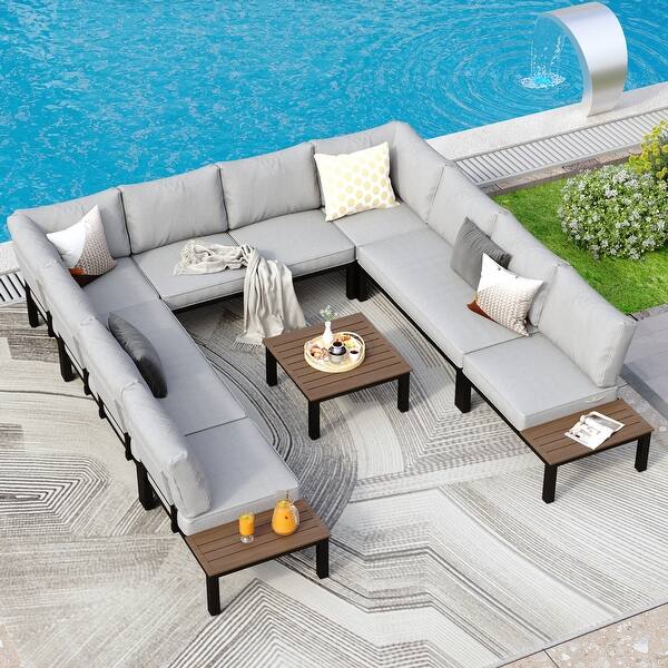 3-8 Pieces Patio Sectional sofa set, E-coating Steel frame Conversation Sets with Built-in Side Table , Grey Cushion