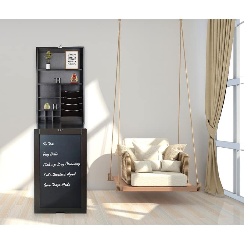Utopia Alley Collapsible Fold Down Desk Table with Storage Cabinet & Shelves - Wall Mounted Desk Furniture with Chalkboard Wall