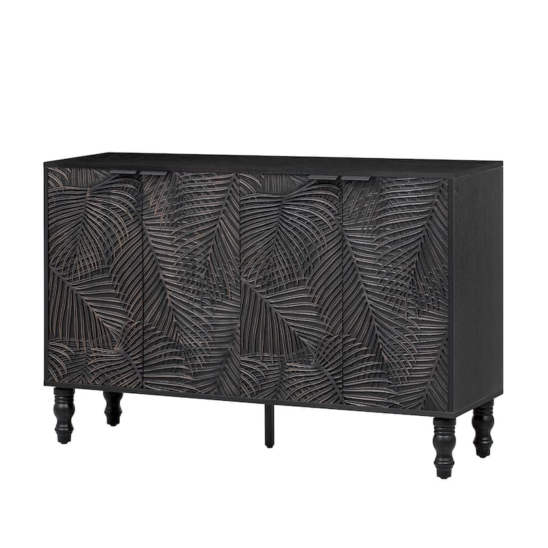 TV Stand with Leaf-Textured Cabinet Doors, Entertainment Center with Adjustable Shelves, Media Console with Wood Legs