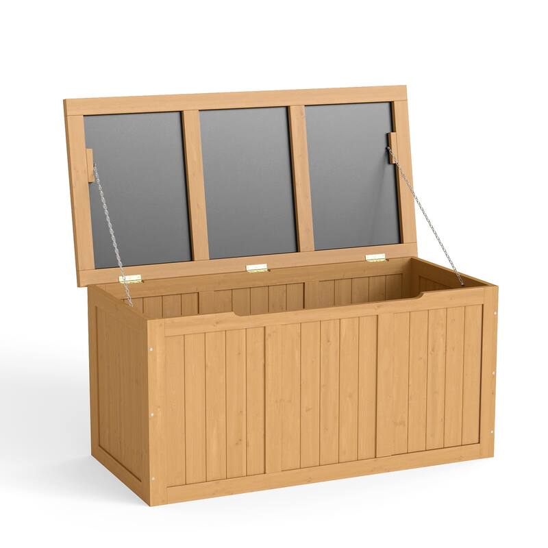 67 Gallon Wooden Deck Box Solid Wood Storage Box Seat & Table Top for Patio Furniture Cushions, Pool Toys & Garden Tools - Light Brown