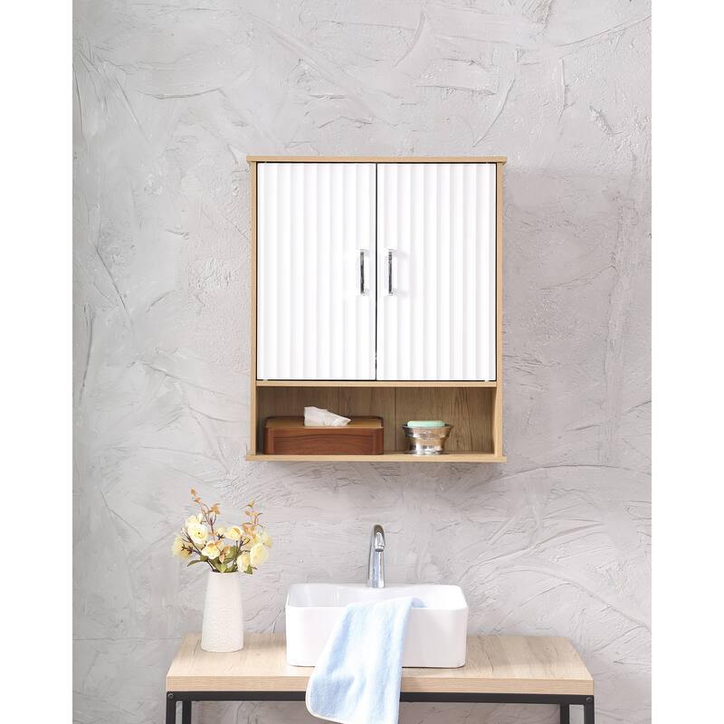 GDFStudio - Bathroom Wall Cabinet with Double-Door, Bottom Shelf, Wavy-Patterned Doors, Adjustable Inner Shelf - Particle Board