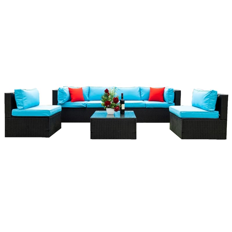 5 Pieces PE Rattan Sectional Sofa set with 2 Pillow - Black+Blue